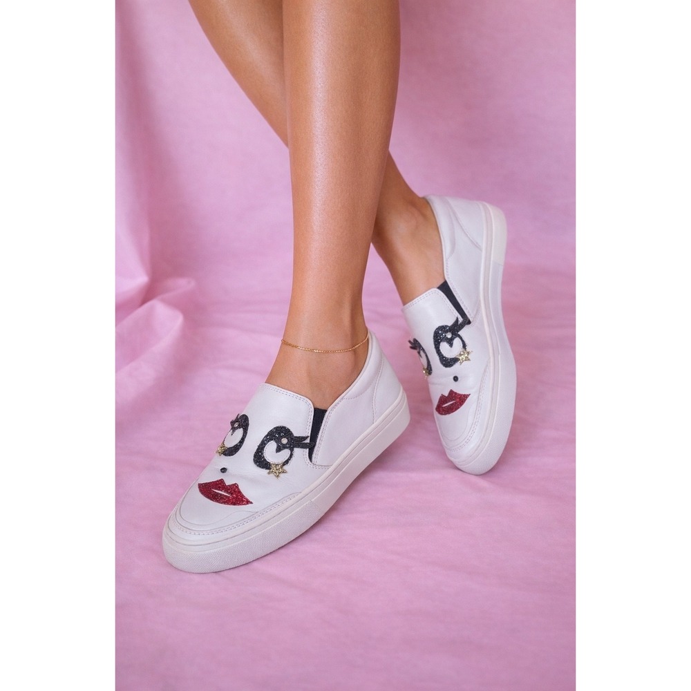 TODS White Leather Slip On Sneakers with Embellished Face and Lips